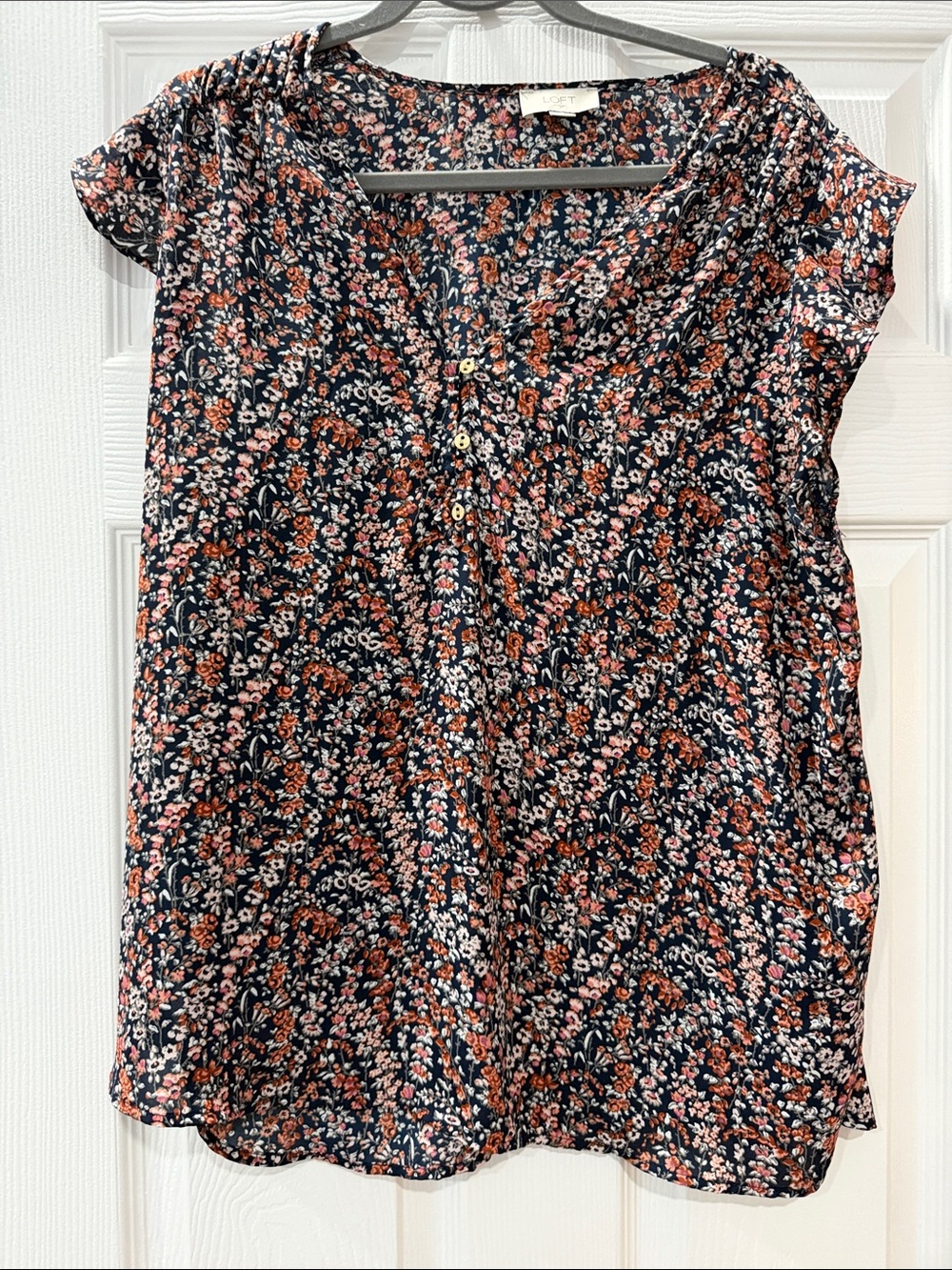 LOFT Navy Floral Cap-Sleeve Blouse with Pink & Rust Flowers